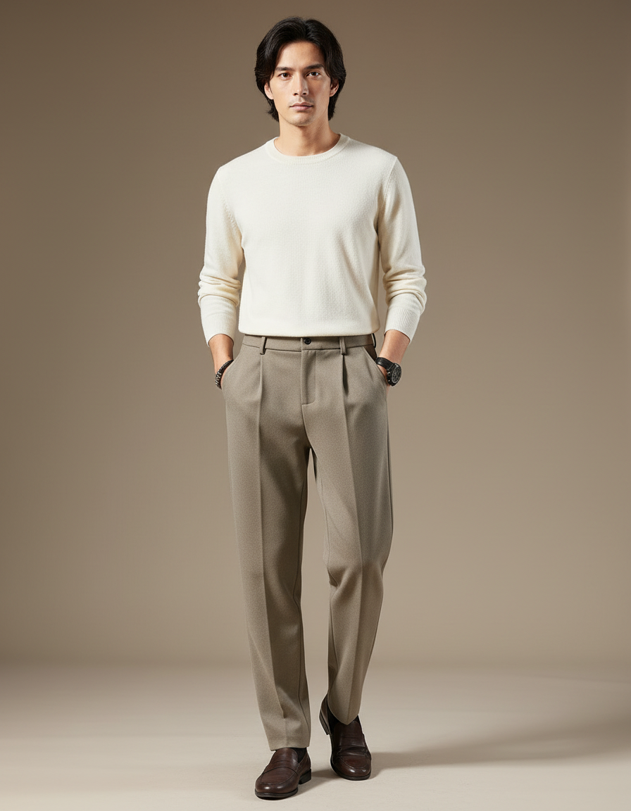 Pantalon Marron Laine Droit Formel Plissé Homme - Gabardine