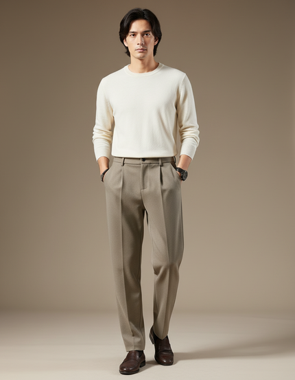 Pantalon Marron Laine Droit Formel Plissé Homme - Gabardine