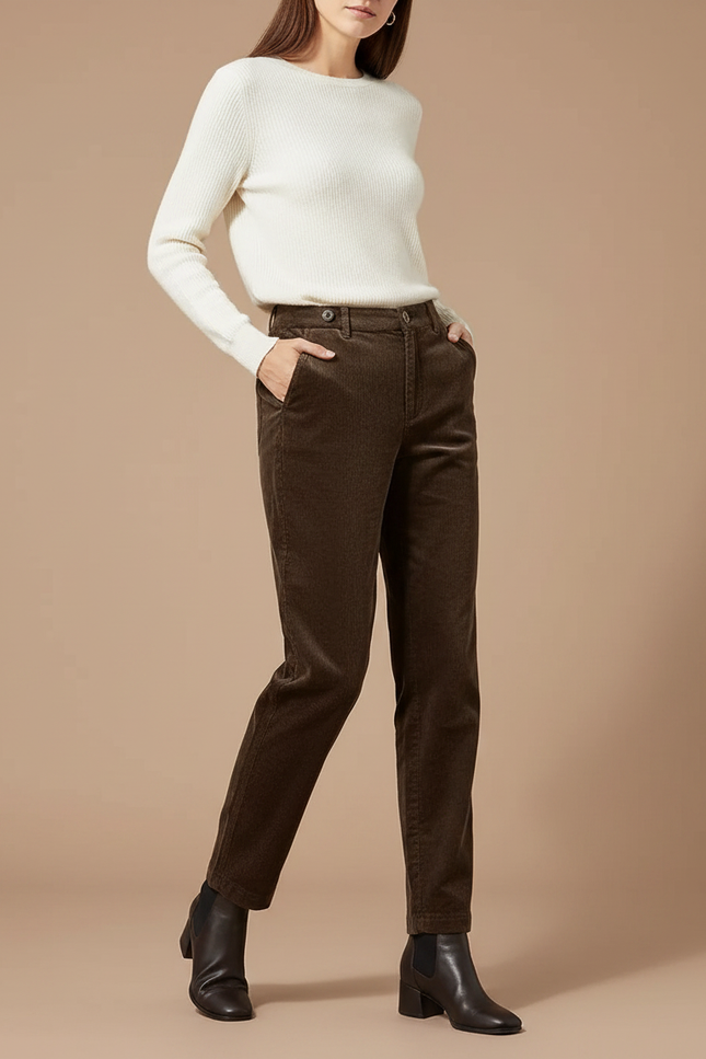 Pantalon Marron Côtelé Droit Taille Haute Décontracté Femme - Cordé