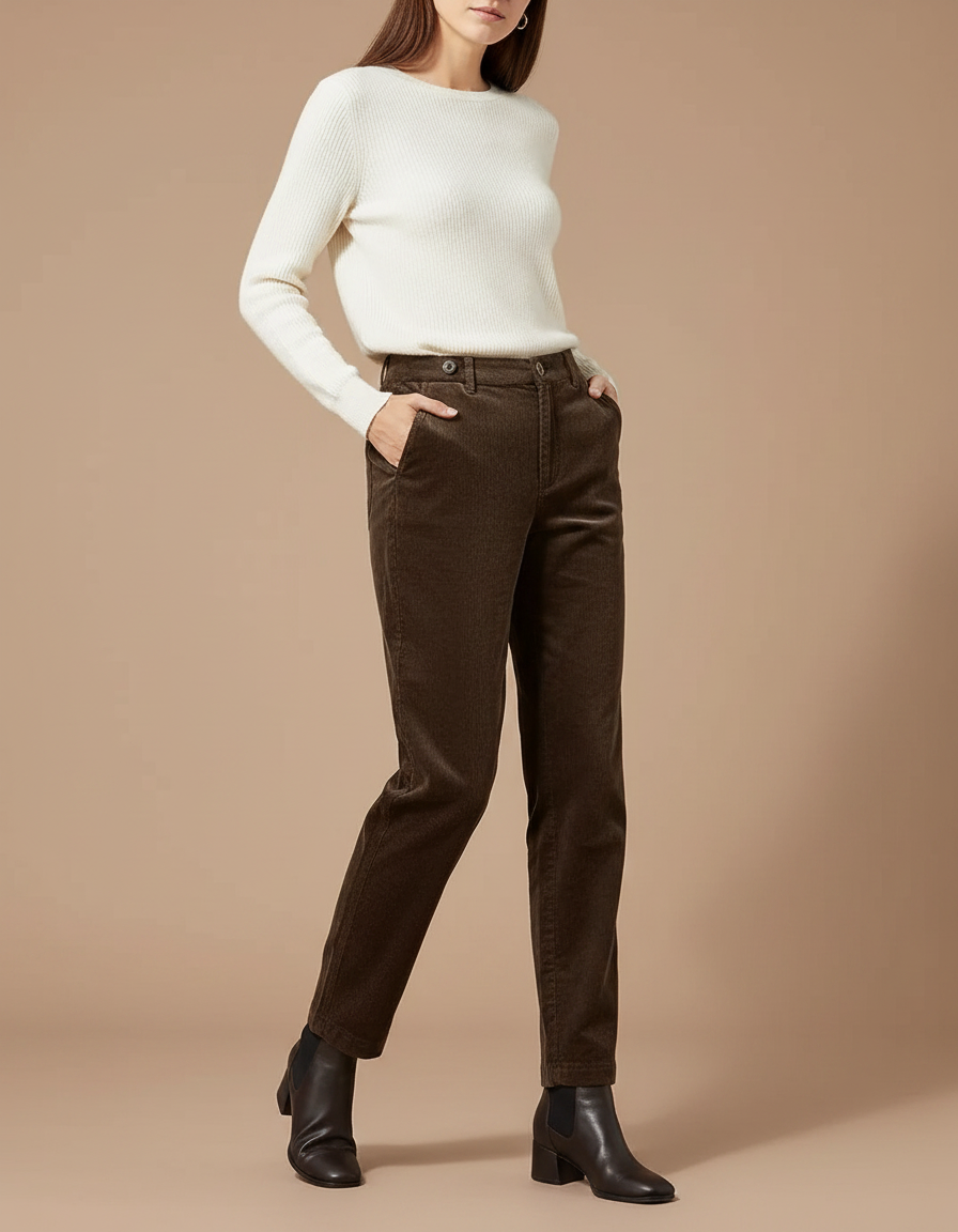 Pantalon Marron Côtelé Droit Taille Haute Décontracté Femme - Cordé