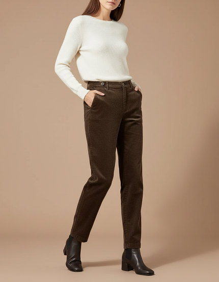 Pantalon Marron Côtelé Droit Taille Haute Décontracté Femme - Cordé