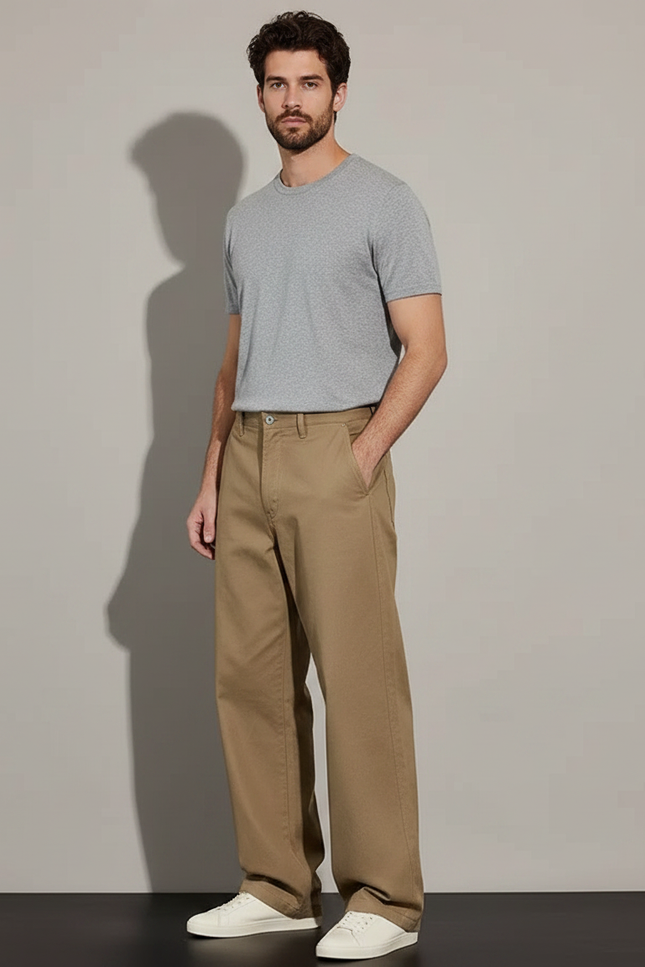 Pantalon Marron Ample Coton Décontracté Homme - Kaki