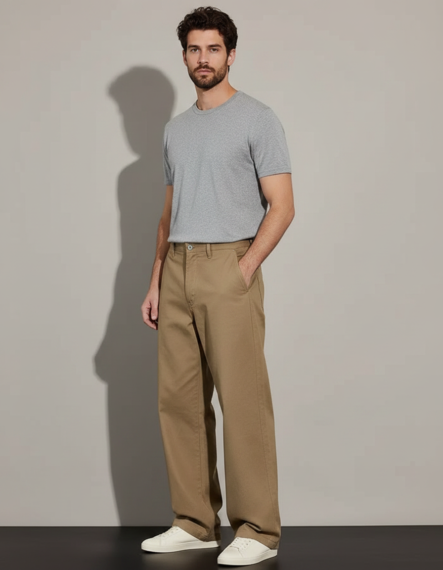 Pantalon Marron Ample Coton Décontracté Homme - Kaki