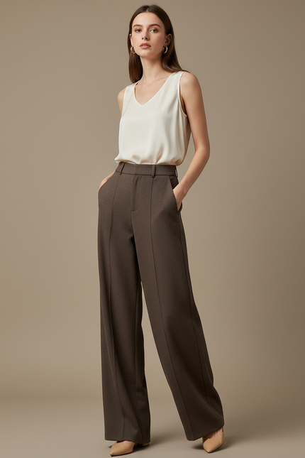 Pantalon Marron Ample Droit Taille Haute Élégant - Gabardine