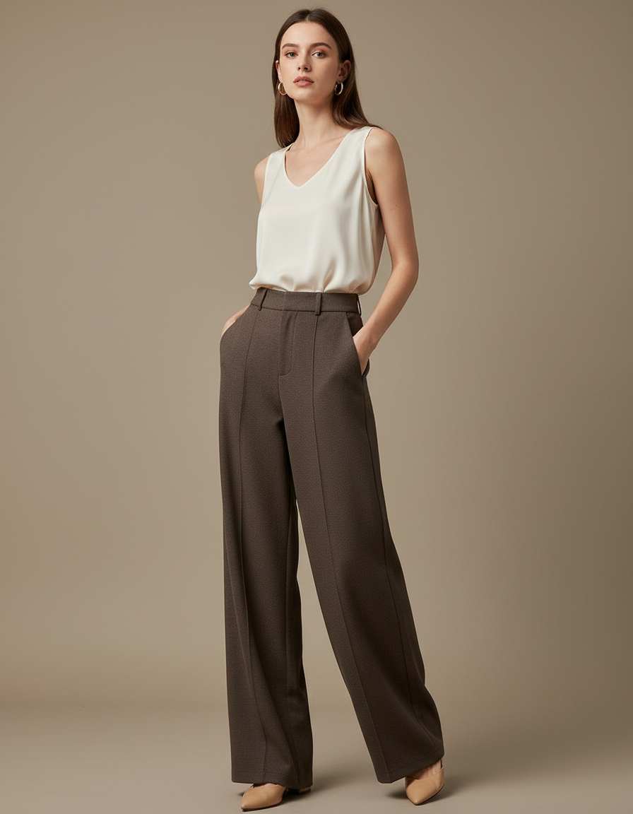 Pantalon Marron Ample Droit Taille Haute Élégant - Gabardine