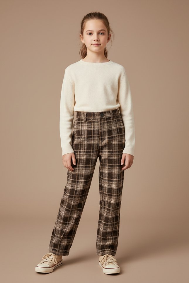 Pantalon Marron Carreaux Laine Droit Épais Fille