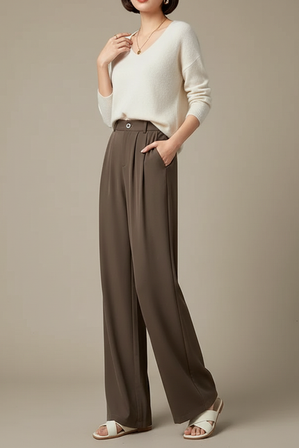 Pantalon Marron Fluide Ample Droit Élégant Femme - Viscose