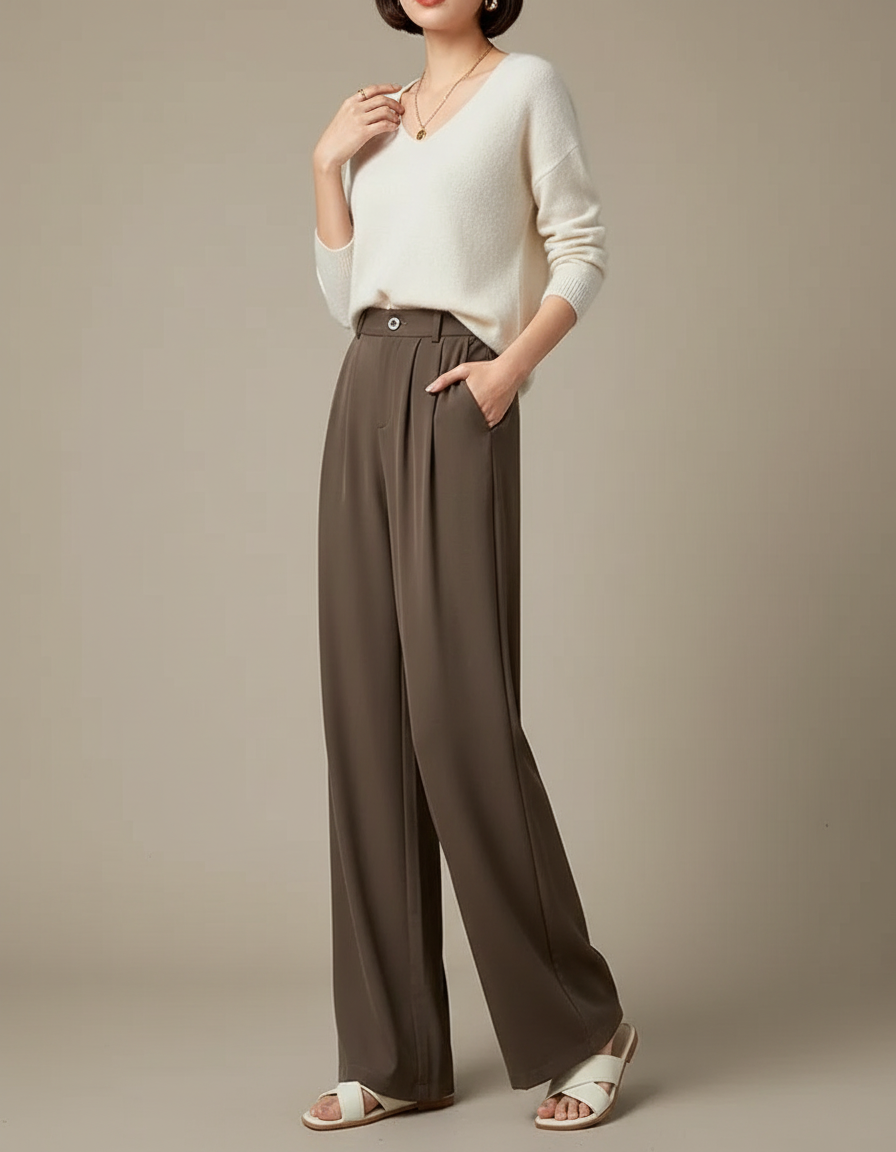 Pantalon Marron Fluide Ample Droit Élégant Femme - Viscose
