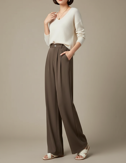 Pantalon Marron Fluide Ample Droit Élégant Femme - Viscose
