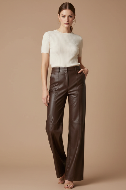 Pantalon Marron Similicuir Droit Ample Élégant Femme - Simili cuir