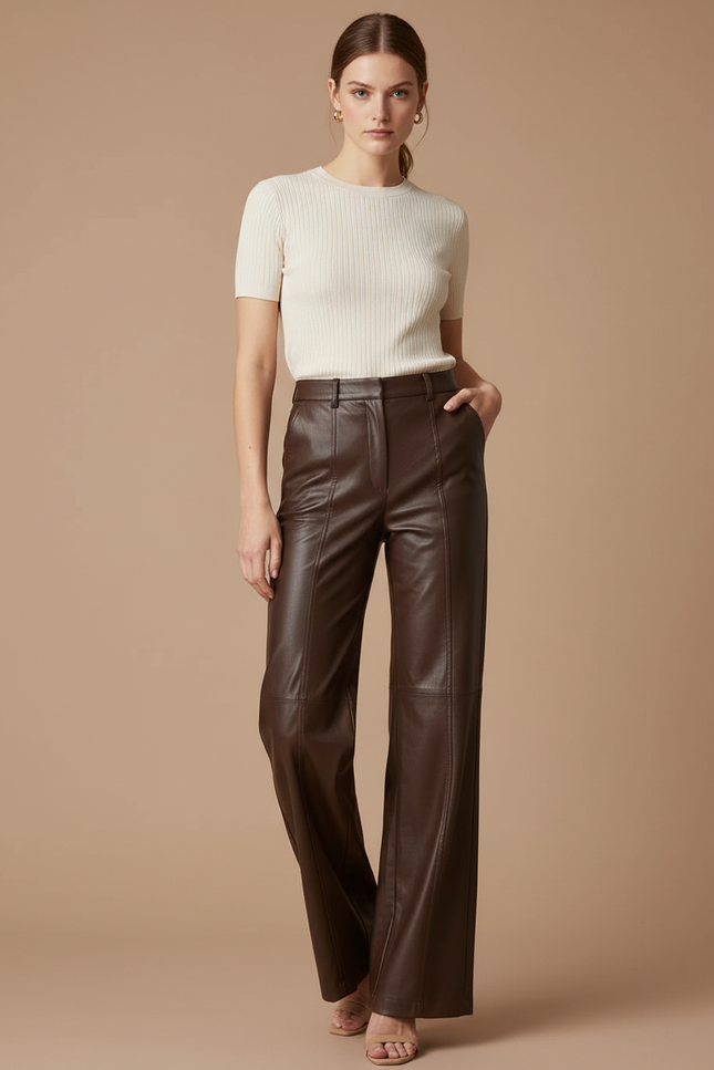 Pantalon Marron Similicuir Droit Ample Élégant Femme - Simili cuir