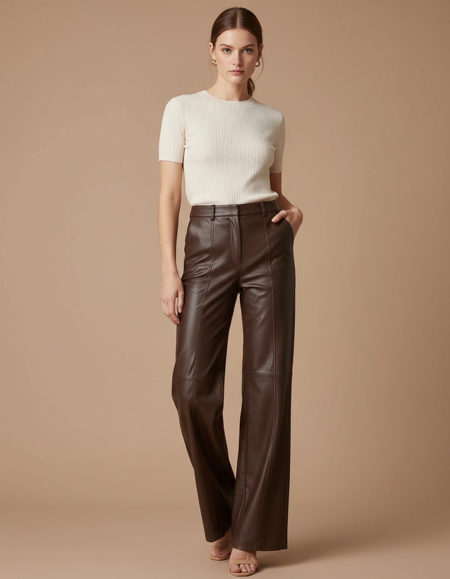 Pantalon Marron Similicuir Droit Ample Élégant Femme - Simili cuir