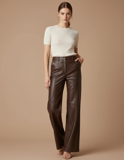 Pantalon Marron Similicuir Droit Ample Élégant Femme - Simili cuir
