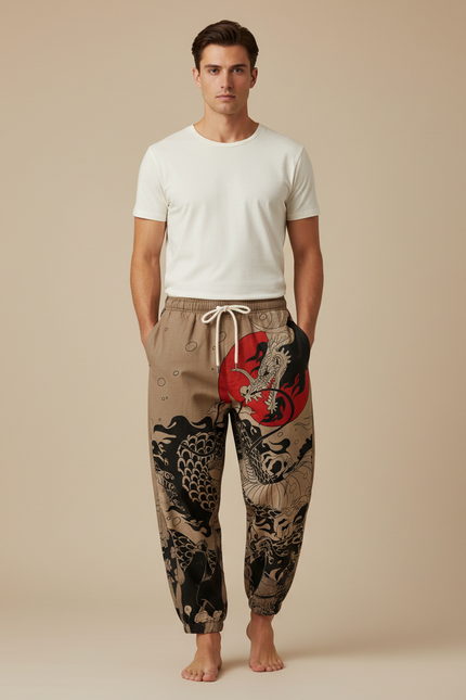 Pantalon Marron Ample Coton Dragon Japonais