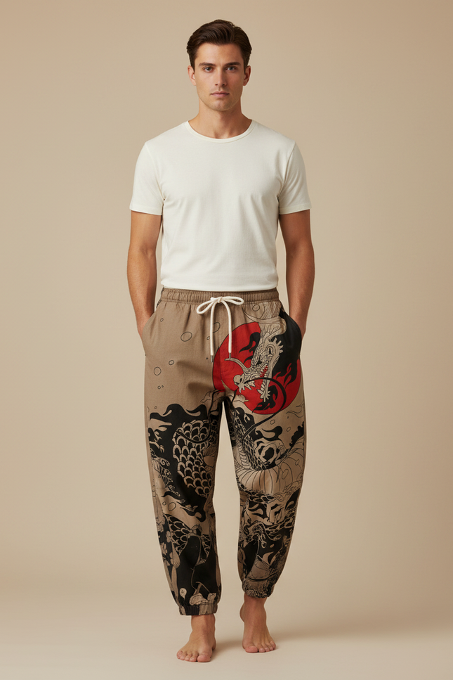 Pantalon Marron Ample Coton Dragon Japonais