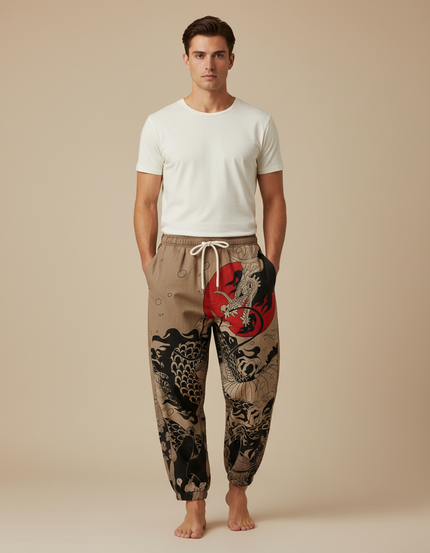 Pantalon Marron Ample Coton Dragon Japonais