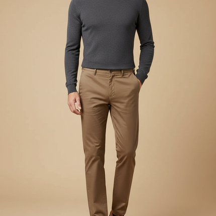 Pantalon Marron Chino Coton Droit Décontracté Homme