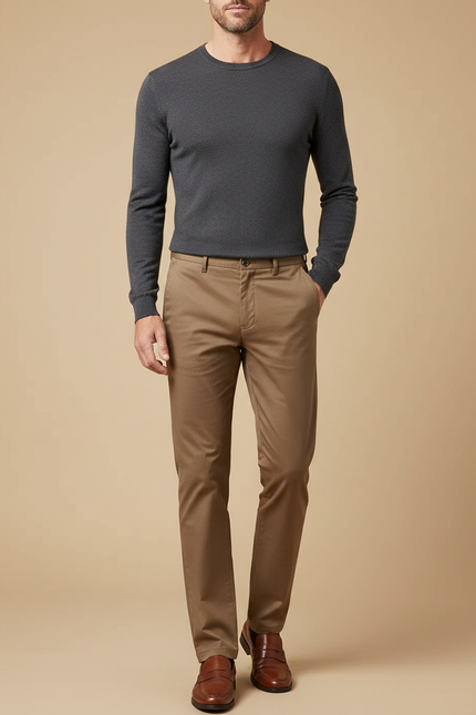 Pantalon Marron Chino Coton Droit Décontracté Homme
