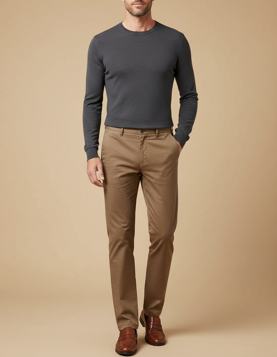 Pantalon Marron Chino Coton Droit Décontracté Homme