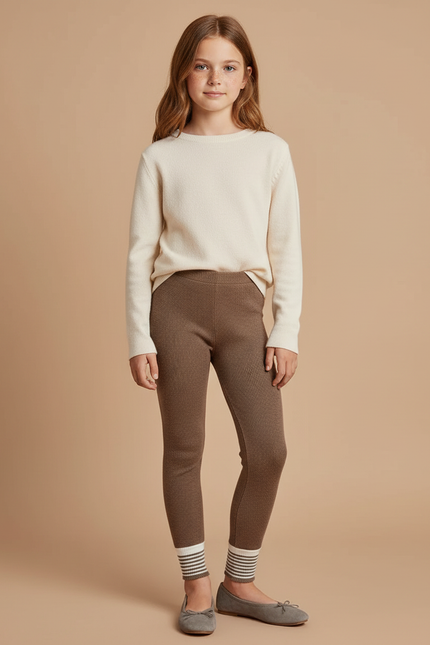 Pantalon Marron Côtelé Tricoté Confortable Fille Rayé - Maille