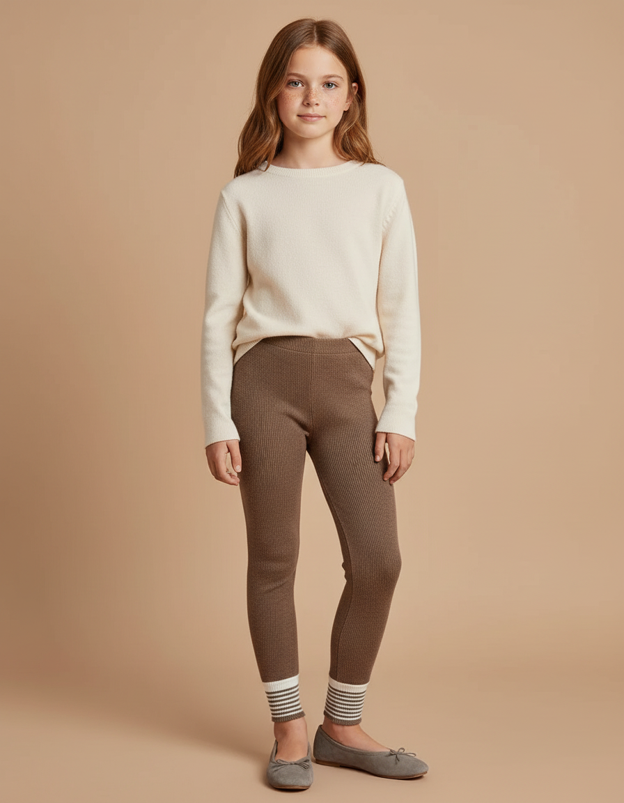 Pantalon Marron Côtelé Tricoté Confortable Fille Rayé - Maille