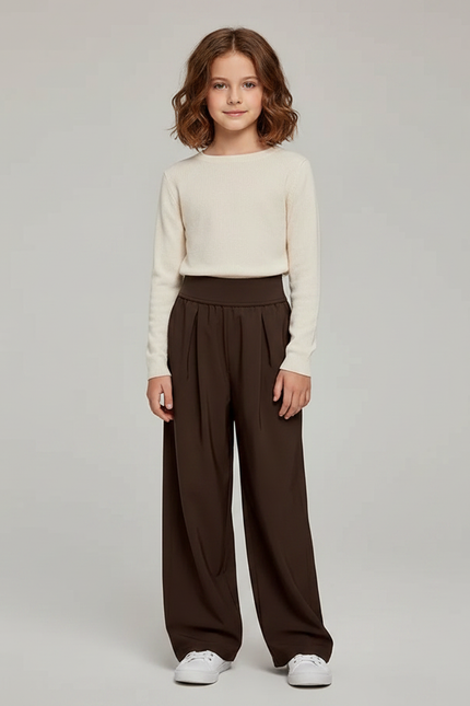 Pantalon Marron Ample Plissé Droit Décontracté Enfant - Polyester