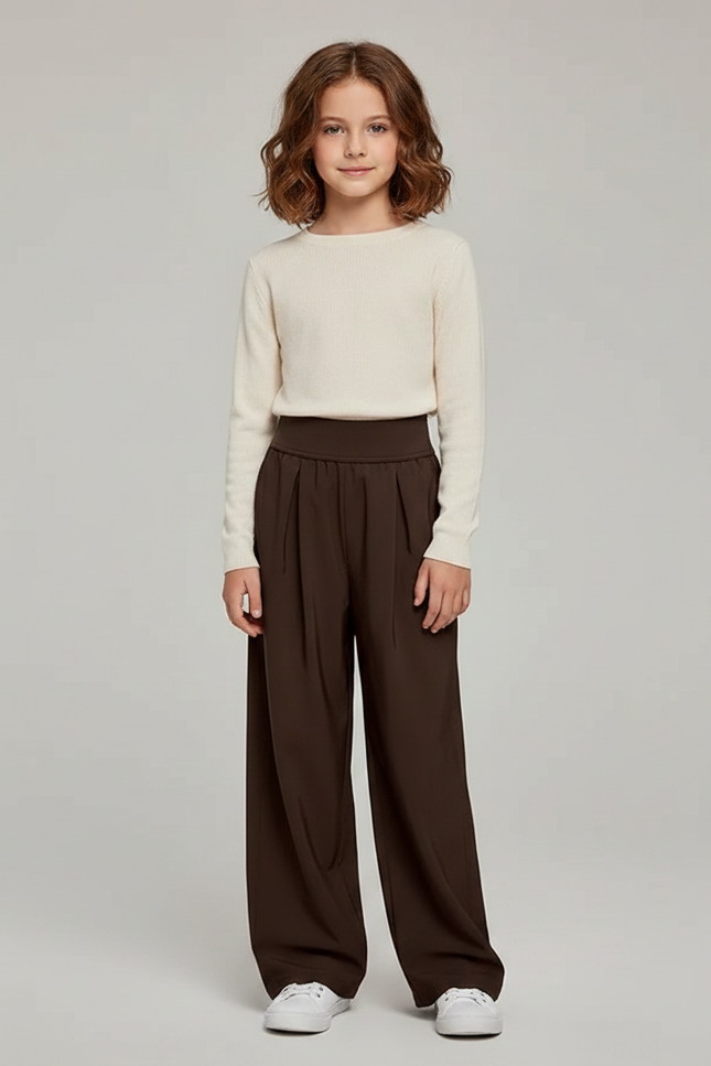 Pantalon Marron Ample Plissé Droit Décontracté Enfant - Polyester