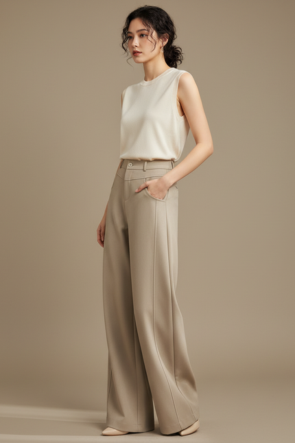 Pantalon Marron Élégant Ample Droit Taille Haute Femme - Beige Gabardine