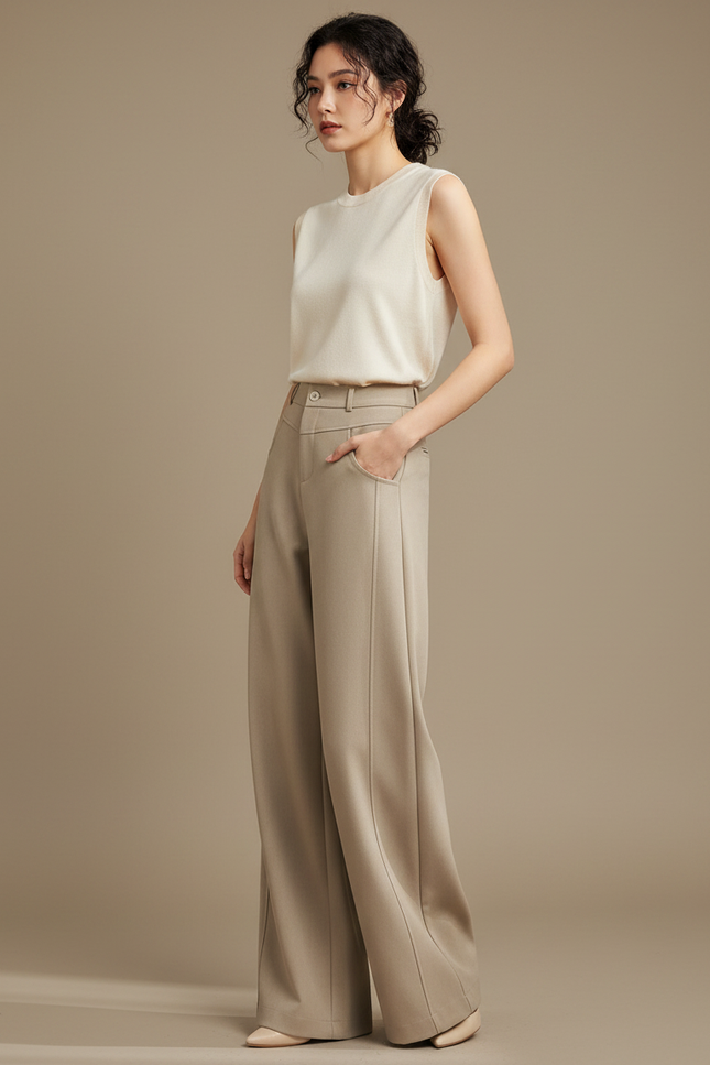 Pantalon Marron Élégant Ample Droit Taille Haute Femme - Beige Gabardine