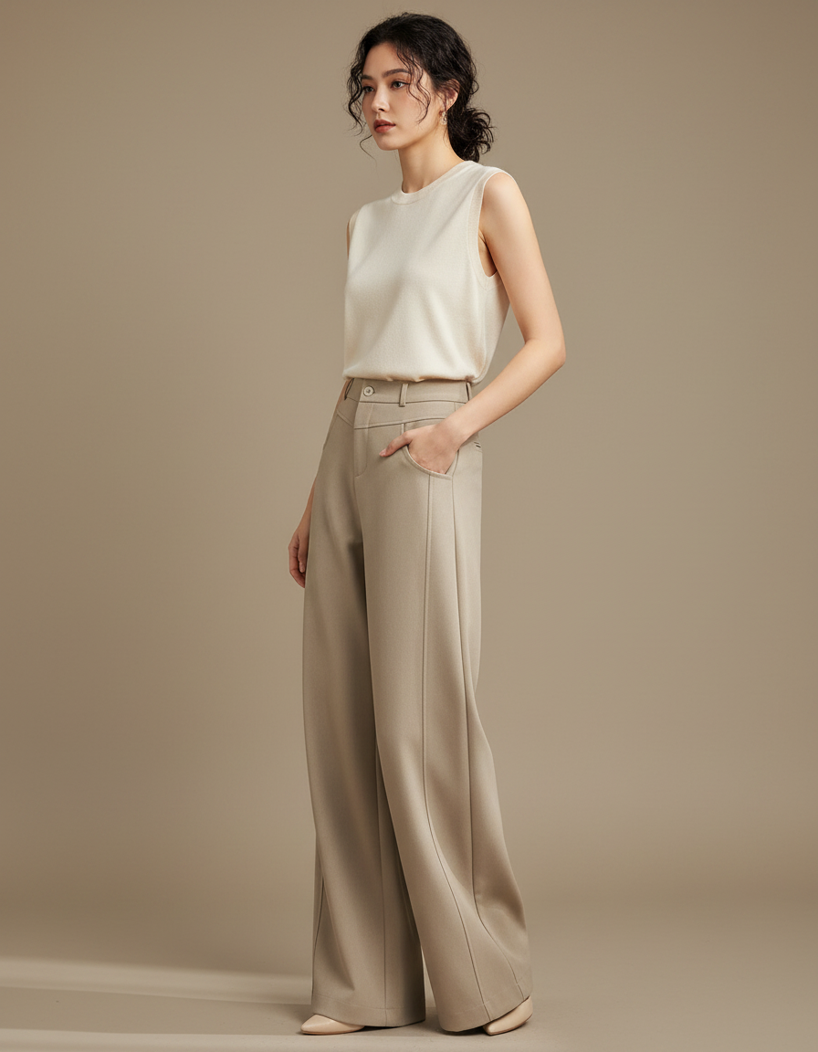 Pantalon Marron Élégant Ample Droit Taille Haute Femme - Beige Gabardine