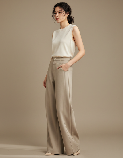 Pantalon Marron Élégant Ample Droit Taille Haute Femme - Beige Gabardine