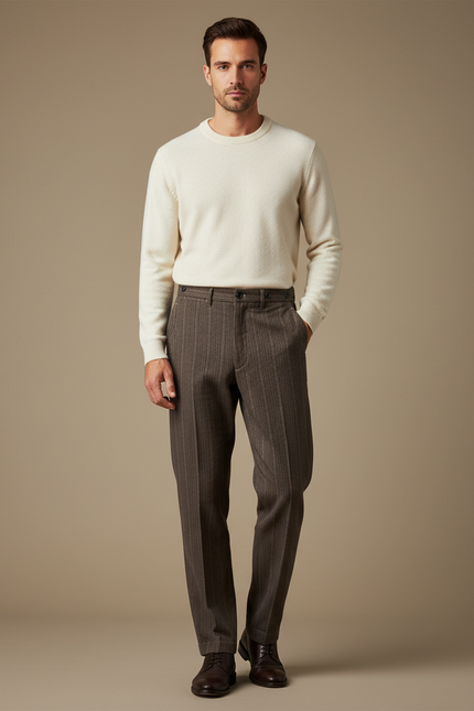 Pantalon Marron Rayé Droit Élégant Homme - Laine