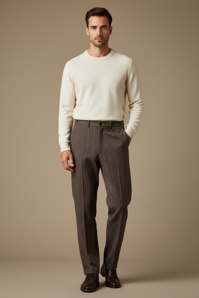 Pantalon Marron Rayé Droit Élégant Homme - Laine