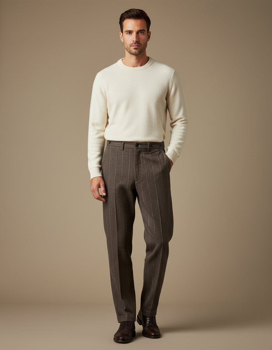 Pantalon Marron Rayé Droit Élégant Homme - Laine