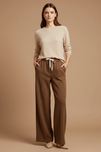 Pantalon Marron Ample Taille Haute Laine Cordon Décontracté