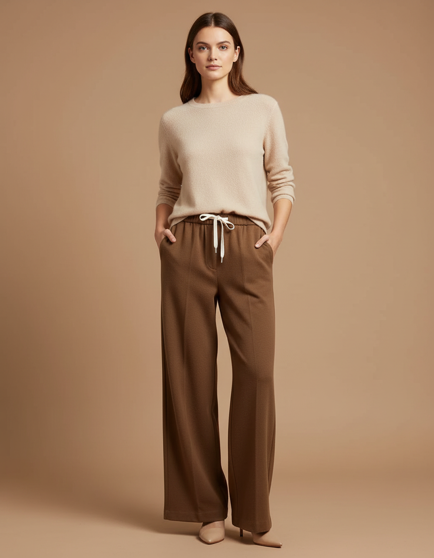 Pantalon Marron Ample Taille Haute Laine Cordon Décontracté