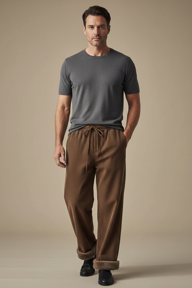 Pantalon Marron Côtelé Doublé Confortable Décontracté Homme - Cordé