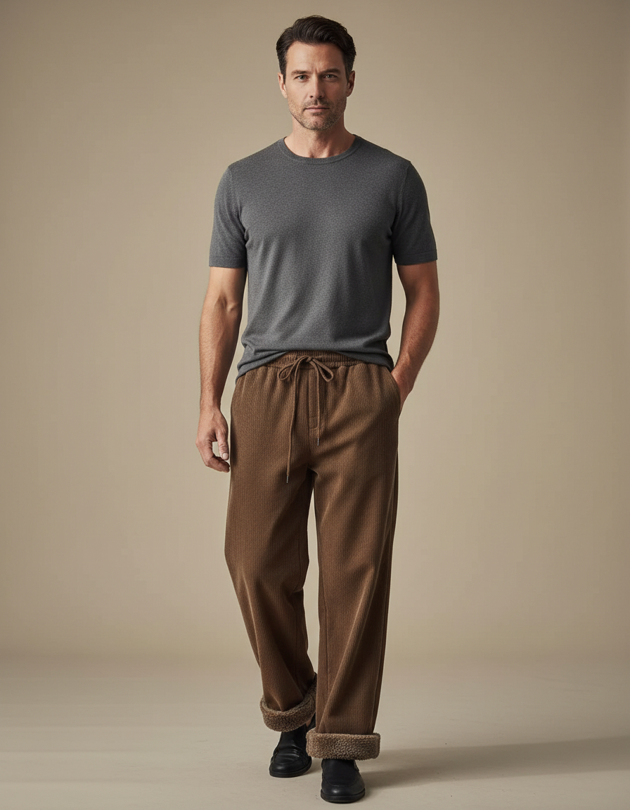 Pantalon Marron Côtelé Doublé Confortable Décontracté Homme - Cordé