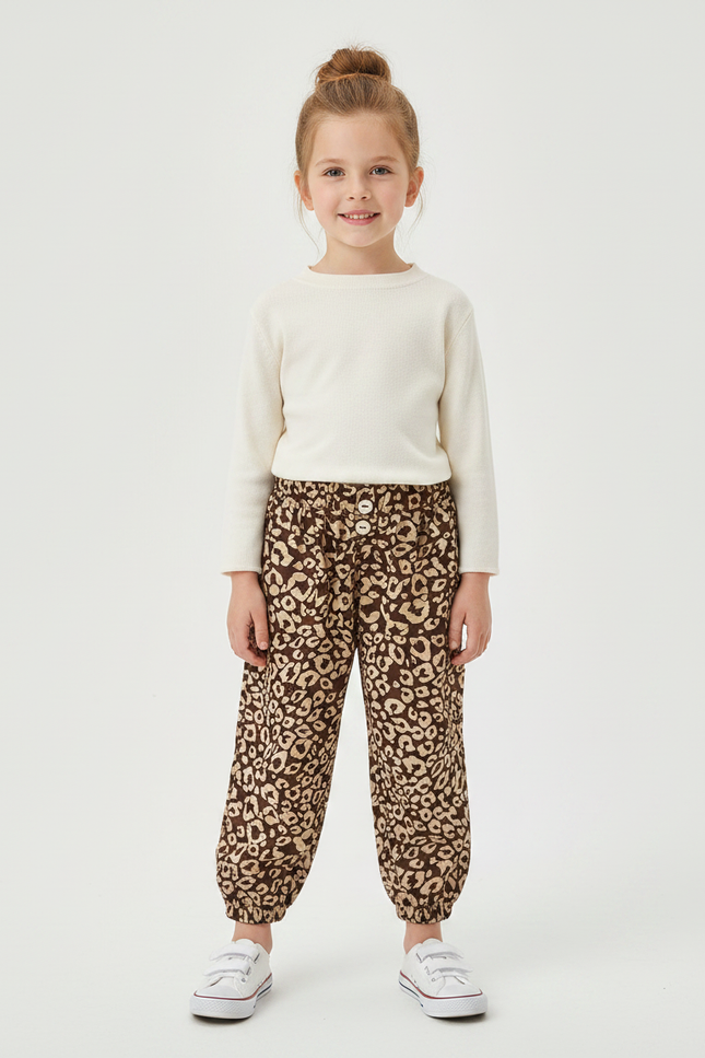 Pantalon Marron Léopard Ample Fille Confortable - Imprimé Coton