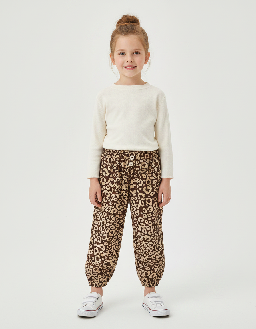 Pantalon Marron Léopard Ample Fille Confortable - Imprimé Coton