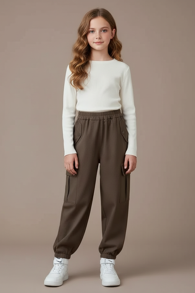 Pantalon Marron Cargo Ample Fille Poches - Gabardine