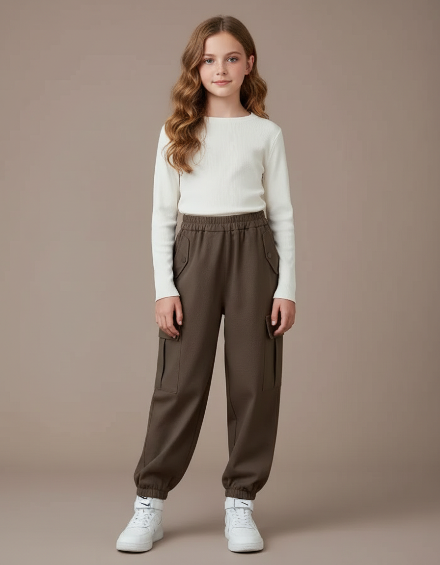 Pantalon Marron Cargo Ample Fille Poches - Gabardine