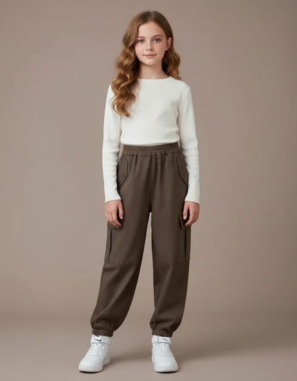 Pantalon Marron Cargo Ample Fille Poches - Gabardine