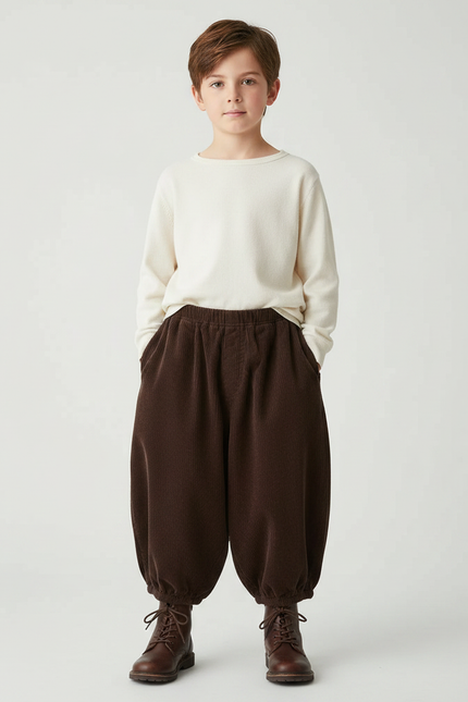Pantalon Marron Côtelé Ample Bouffant Enfant - Cordé
