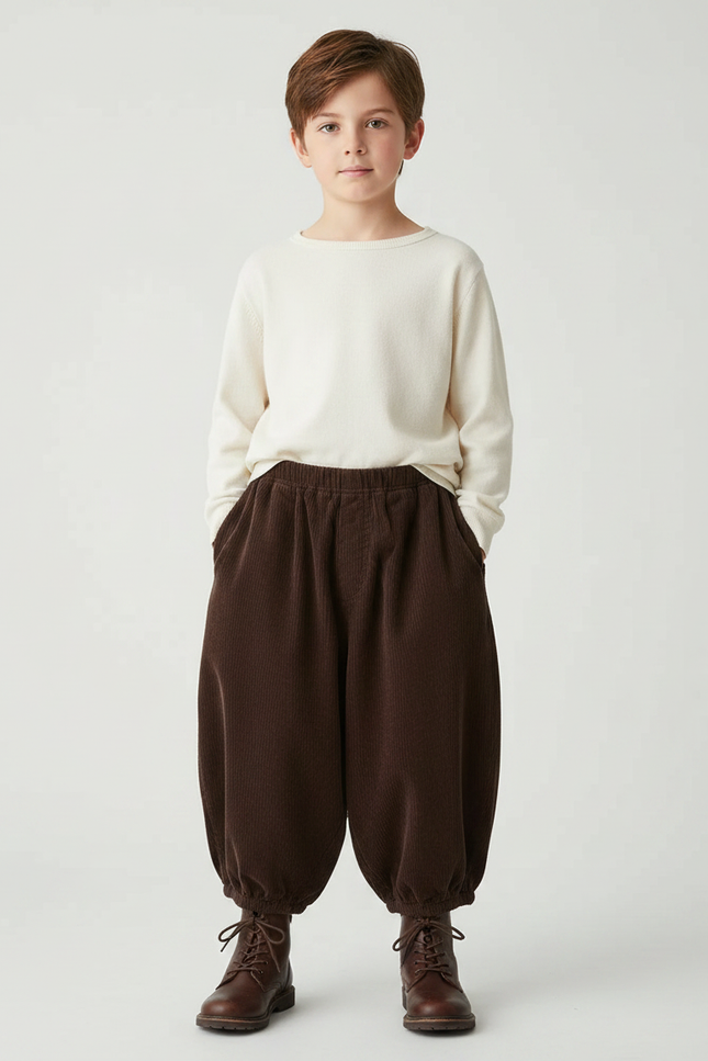 Pantalon Marron Côtelé Ample Bouffant Enfant - Cordé