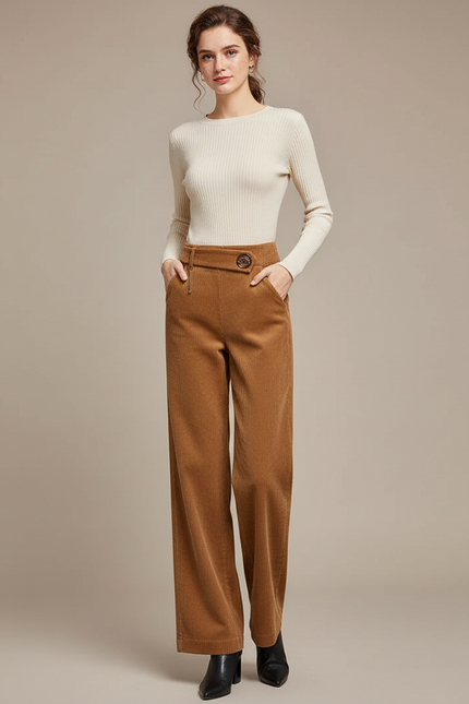 Pantalon Marron Côtelé Ample Droit Élégant Femme - Camel Cordé