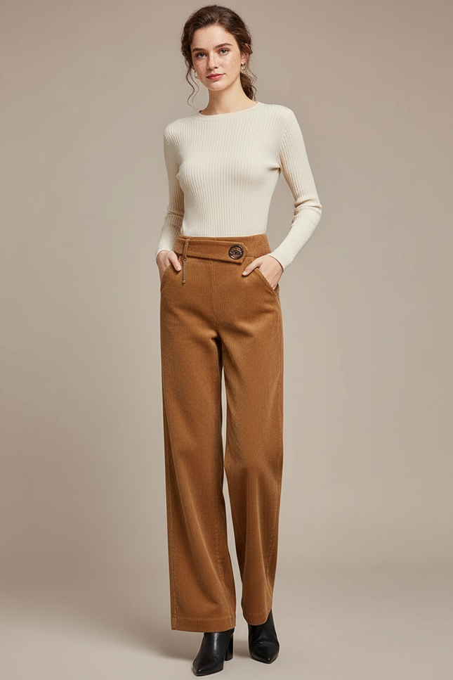 Pantalon Marron Côtelé Ample Droit Élégant Femme - Camel Cordé