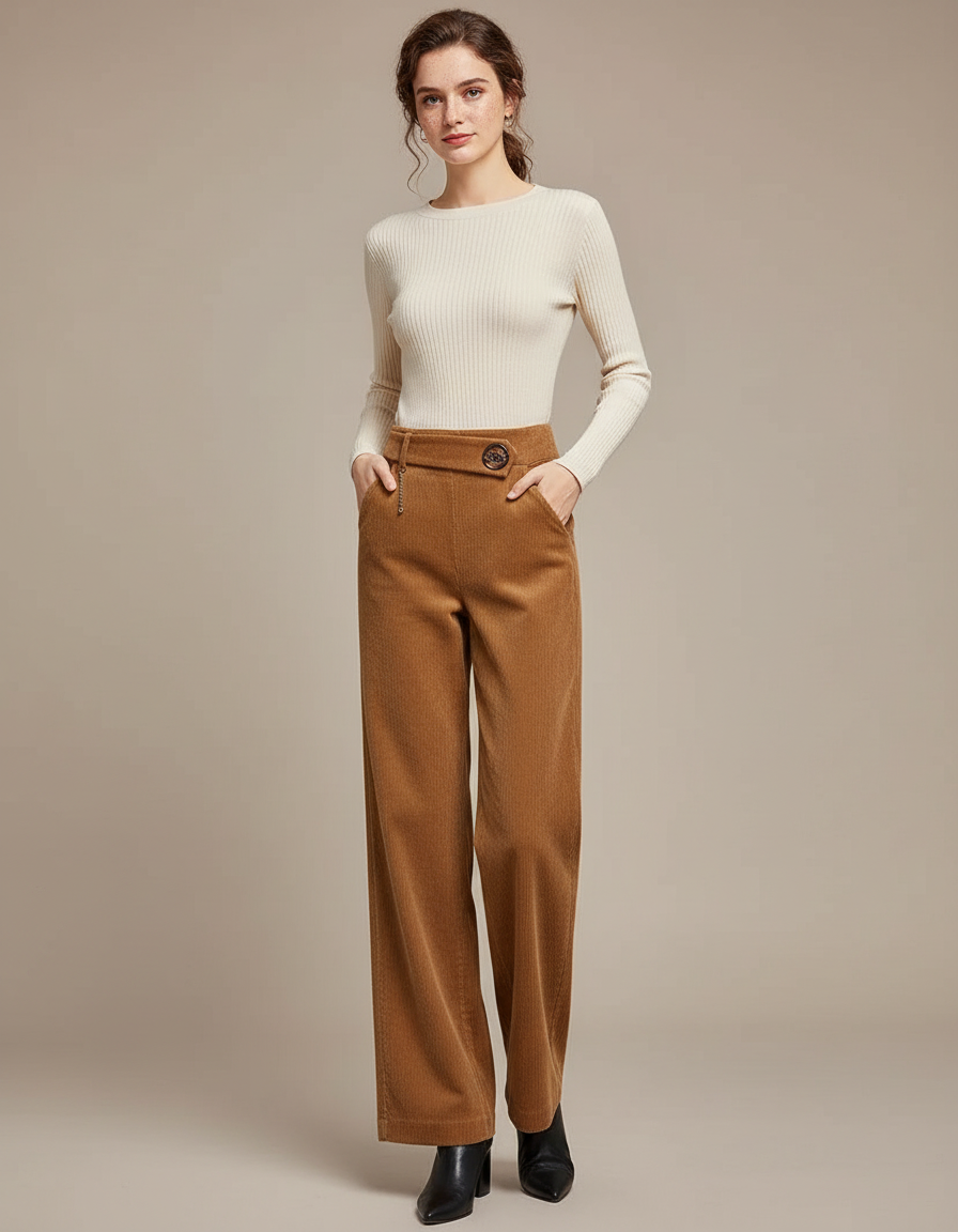 Pantalon Marron Côtelé Ample Droit Élégant Femme - Camel Cordé