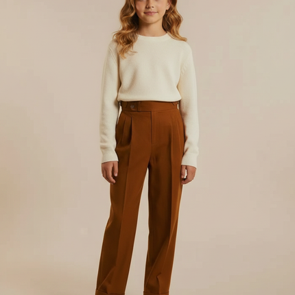 Pantalon Marron Plissé Ample Taille Haute Droit - Gabardine