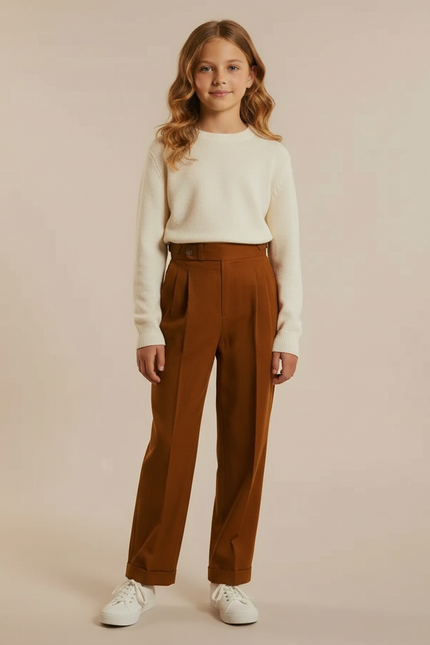 Pantalon Marron Plissé Ample Taille Haute Droit - Gabardine